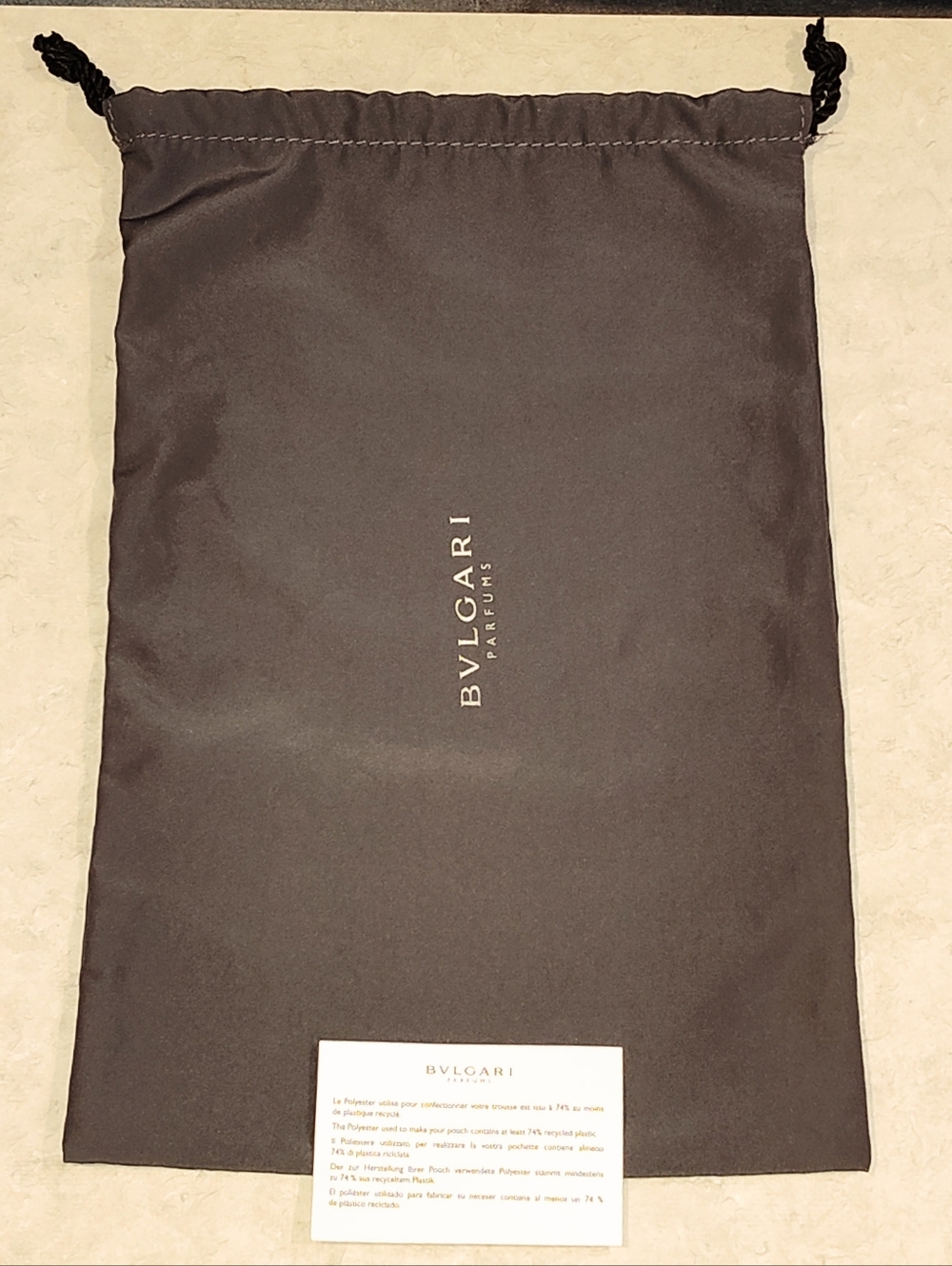 NWOT BVLGARI PARFUMS DARK GRAY DRAWSTRING NYLON DUST BAG & CARD